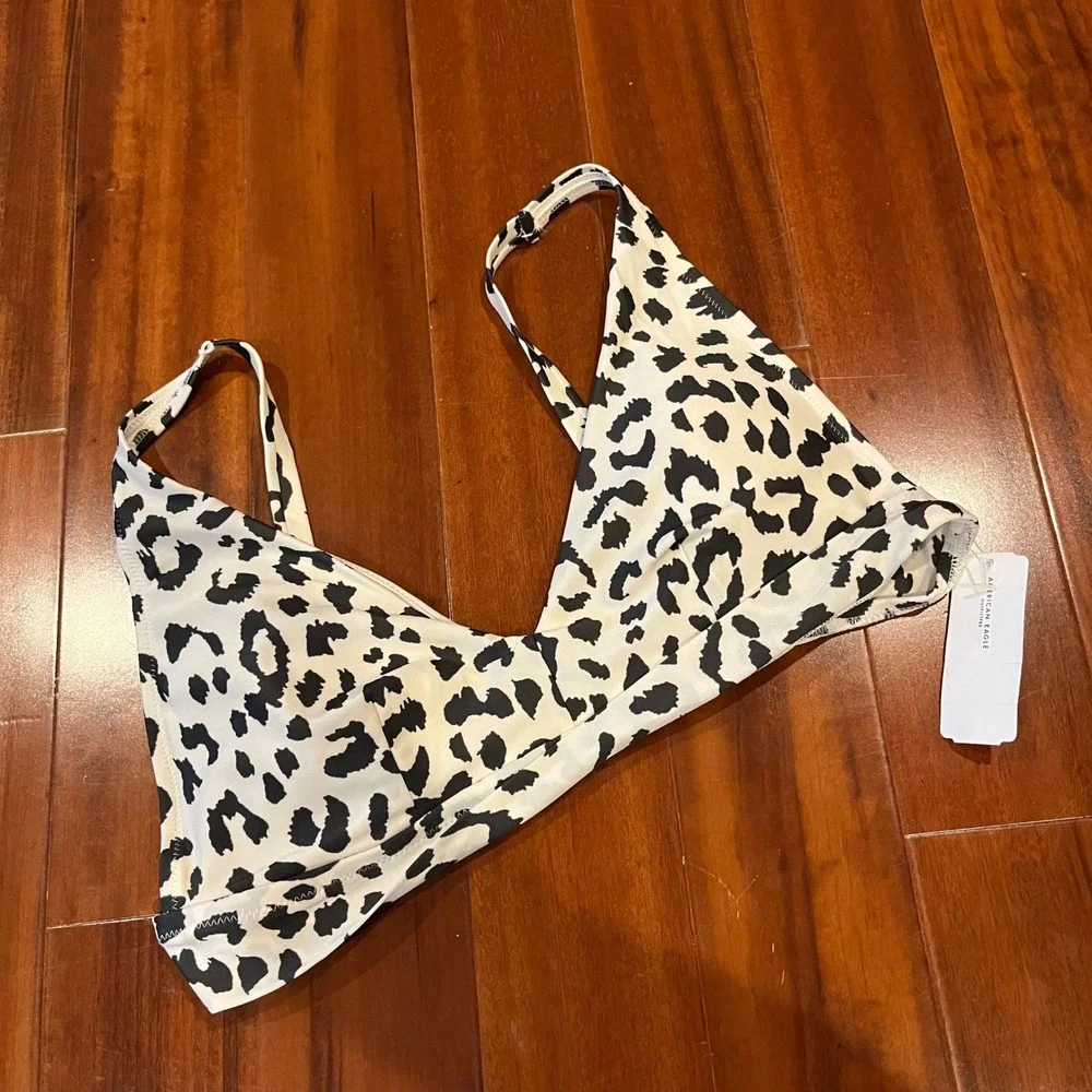 Aerie Bikini Top Animal Print Leopard Black White‎ Scoop Swim New NWOT Large